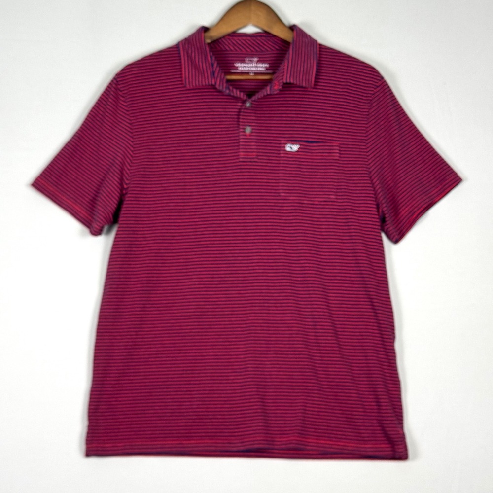 Vineyard Vines Edgartown Polo Mens Medium Red Navy Striped Excellent Pocket Logo
